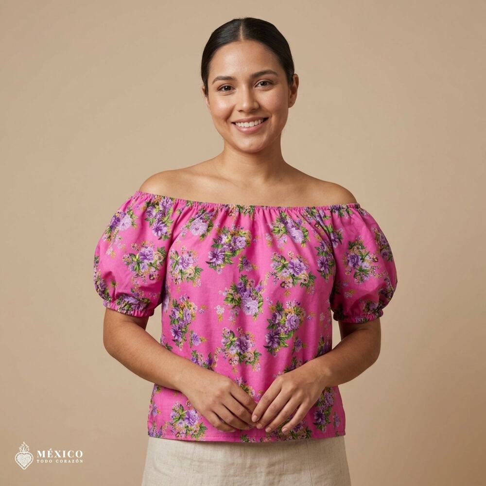 Traditional Mexican Floral Blouse – Lightweight Polyester Folk Style Top